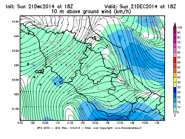 Mappa di analisi GFS - Velocità del vento a 10 metri dal suolo [km/h] in Centro-Italia
							del 21/12/2014 18 <!--googleoff: index-->UTC<!--googleon: index-->