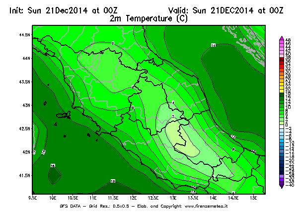 Mappa di analisi GFS - Temperatura a 2 metri dal suolo [°C] in Centro-Italia
							del 21/12/2014 00 <!--googleoff: index-->UTC<!--googleon: index-->