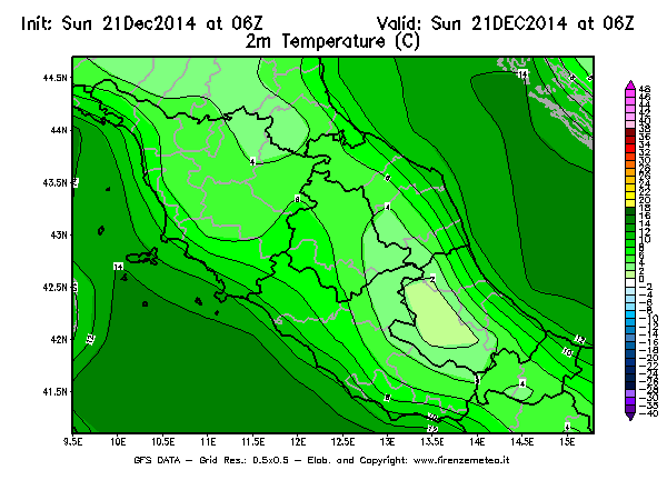 Mappa di analisi GFS - Temperatura a 2 metri dal suolo [°C] in Centro-Italia
									del 21/12/2014 06 <!--googleoff: index-->UTC<!--googleon: index-->