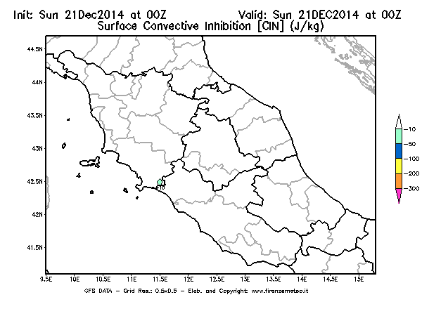Mappa di analisi GFS - CIN [J/kg] in Centro-Italia
									del 21/12/2014 00 <!--googleoff: index-->UTC<!--googleon: index-->