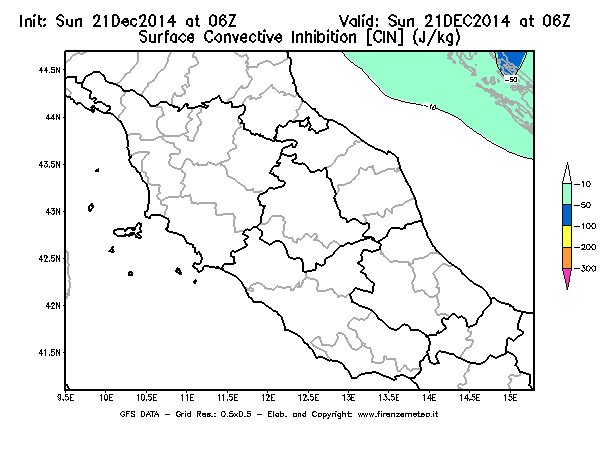Mappa di analisi GFS - CIN [J/kg] in Centro-Italia
							del 21/12/2014 06 <!--googleoff: index-->UTC<!--googleon: index-->