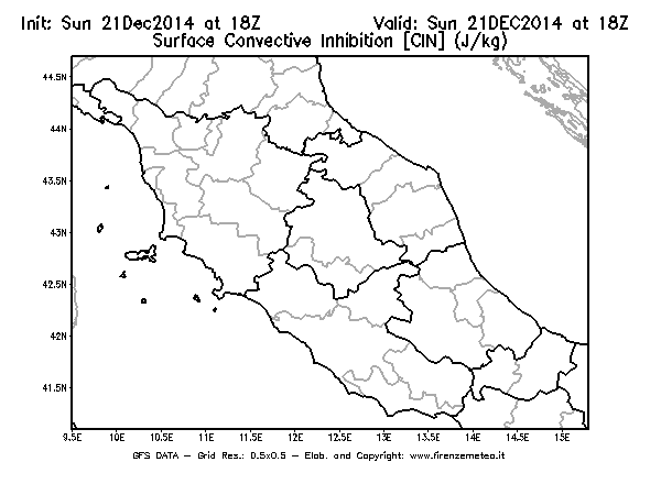 Mappa di analisi GFS - CIN [J/kg] in Centro-Italia
									del 21/12/2014 18 <!--googleoff: index-->UTC<!--googleon: index-->