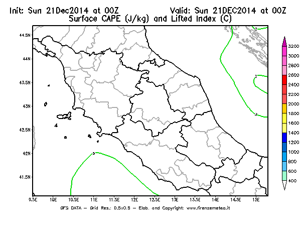 Mappa di analisi GFS - CAPE [J/kg] e Lifted Index [°C] in Centro-Italia
									del 21/12/2014 00 <!--googleoff: index-->UTC<!--googleon: index-->