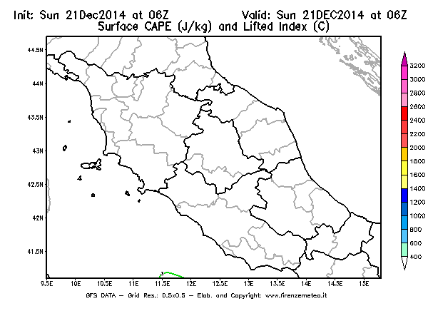 Mappa di analisi GFS - CAPE [J/kg] e Lifted Index [°C] in Centro-Italia
									del 21/12/2014 06 <!--googleoff: index-->UTC<!--googleon: index-->