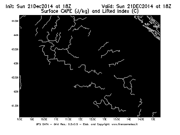 Mappa di analisi GFS - CAPE [J/kg] e Lifted Index [°C] in Centro-Italia
							del 21/12/2014 18 <!--googleoff: index-->UTC<!--googleon: index-->