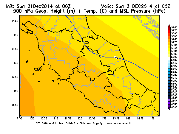 Mappa di analisi GFS - Geopotenziale [m] + Temp. [°C] a 500 hPa + Press. a livello del mare [hPa] in Centro-Italia
							del 21/12/2014 00 <!--googleoff: index-->UTC<!--googleon: index-->
