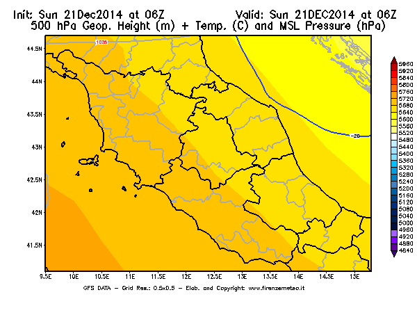 Mappa di analisi GFS - Geopotenziale [m] + Temp. [°C] a 500 hPa + Press. a livello del mare [hPa] in Centro-Italia
									del 21/12/2014 06 <!--googleoff: index-->UTC<!--googleon: index-->