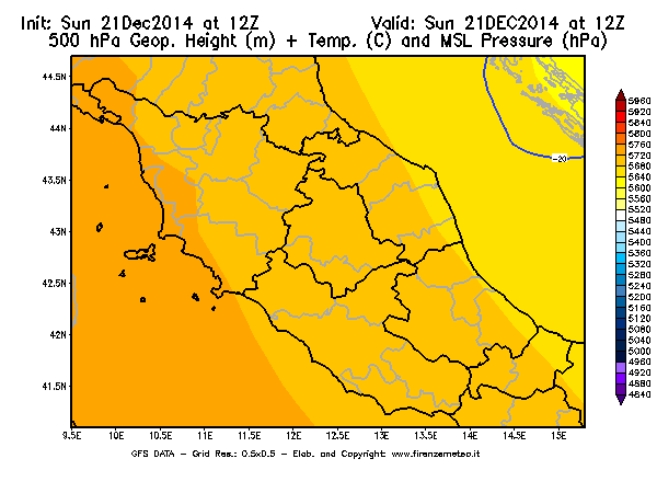 Mappa di analisi GFS - Geopotenziale [m] + Temp. [°C] a 500 hPa + Press. a livello del mare [hPa] in Centro-Italia
							del 21/12/2014 12 <!--googleoff: index-->UTC<!--googleon: index-->
