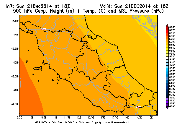 Mappa di analisi GFS - Geopotenziale [m] + Temp. [°C] a 500 hPa + Press. a livello del mare [hPa] in Centro-Italia
									del 21/12/2014 18 <!--googleoff: index-->UTC<!--googleon: index-->