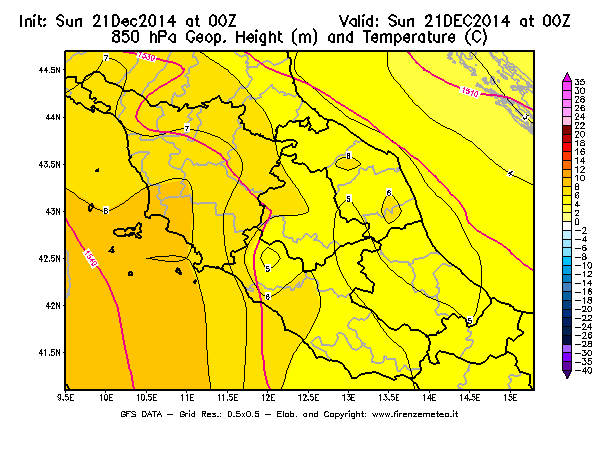 Mappa di analisi GFS - Geopotenziale [m] e Temperatura [°C] a 850 hPa in Centro-Italia
							del 21/12/2014 00 <!--googleoff: index-->UTC<!--googleon: index-->