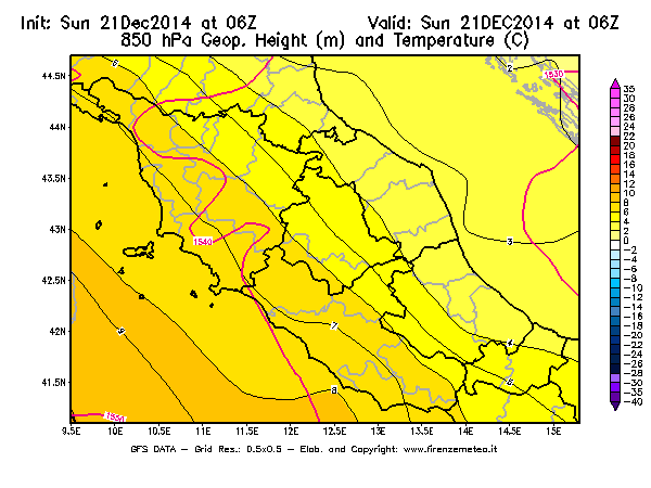 Mappa di analisi GFS - Geopotenziale [m] e Temperatura [°C] a 850 hPa in Centro-Italia
							del 21/12/2014 06 <!--googleoff: index-->UTC<!--googleon: index-->