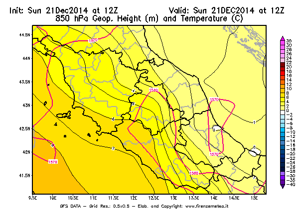 Mappa di analisi GFS - Geopotenziale [m] e Temperatura [°C] a 850 hPa in Centro-Italia
									del 21/12/2014 12 <!--googleoff: index-->UTC<!--googleon: index-->