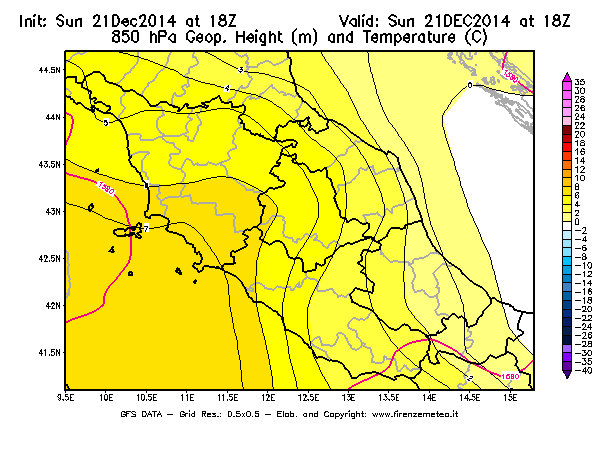 Mappa di analisi GFS - Geopotenziale [m] e Temperatura [°C] a 850 hPa in Centro-Italia
									del 21/12/2014 18 <!--googleoff: index-->UTC<!--googleon: index-->