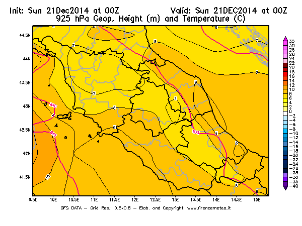 Mappa di analisi GFS - Geopotenziale [m] e Temperatura [°C] a 925 hPa in Centro-Italia
									del 21/12/2014 00 <!--googleoff: index-->UTC<!--googleon: index-->