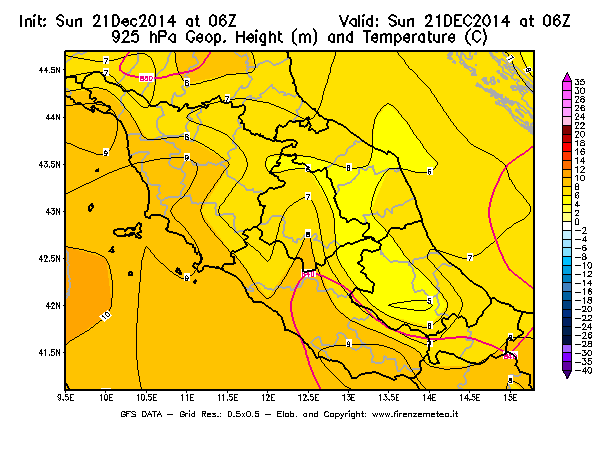 Mappa di analisi GFS - Geopotenziale [m] e Temperatura [°C] a 925 hPa in Centro-Italia
									del 21/12/2014 06 <!--googleoff: index-->UTC<!--googleon: index-->