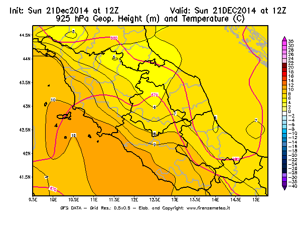 Mappa di analisi GFS - Geopotenziale [m] e Temperatura [°C] a 925 hPa in Centro-Italia
									del 21/12/2014 12 <!--googleoff: index-->UTC<!--googleon: index-->