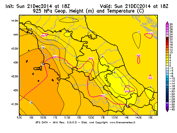 Mappa di analisi GFS - Geopotenziale [m] e Temperatura [°C] a 925 hPa in Centro-Italia
							del 21/12/2014 18 <!--googleoff: index-->UTC<!--googleon: index-->