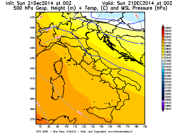 Mappa di analisi GFS - Geopotenziale [m] + Temp. [°C] a 500 hPa + Press. a livello del mare [hPa] in Italia
							del 21/12/2014 00 <!--googleoff: index-->UTC<!--googleon: index-->