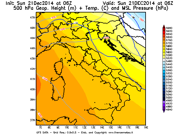 Mappa di analisi GFS - Geopotenziale [m] + Temp. [°C] a 500 hPa + Press. a livello del mare [hPa] in Italia
									del 21/12/2014 06 <!--googleoff: index-->UTC<!--googleon: index-->