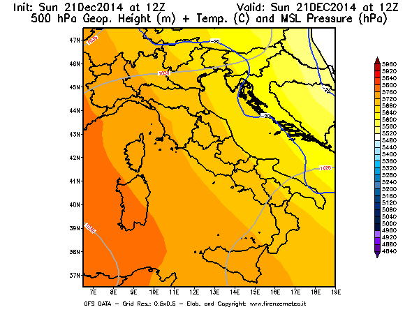 Mappa di analisi GFS - Geopotenziale [m] + Temp. [°C] a 500 hPa + Press. a livello del mare [hPa] in Italia
									del 21/12/2014 12 <!--googleoff: index-->UTC<!--googleon: index-->