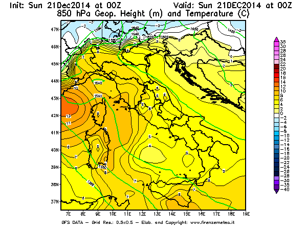 Mappa di analisi GFS - Geopotenziale [m] e Temperatura [°C] a 850 hPa in Italia
									del 21/12/2014 00 <!--googleoff: index-->UTC<!--googleon: index-->