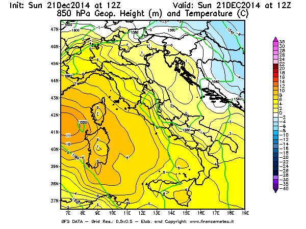 Mappa di analisi GFS - Geopotenziale [m] e Temperatura [°C] a 850 hPa in Italia
							del 21/12/2014 12 <!--googleoff: index-->UTC<!--googleon: index-->