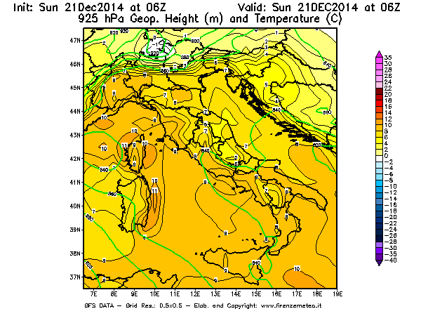Mappa di analisi GFS - Geopotenziale [m] e Temperatura [°C] a 925 hPa in Italia
							del 21/12/2014 06 <!--googleoff: index-->UTC<!--googleon: index-->