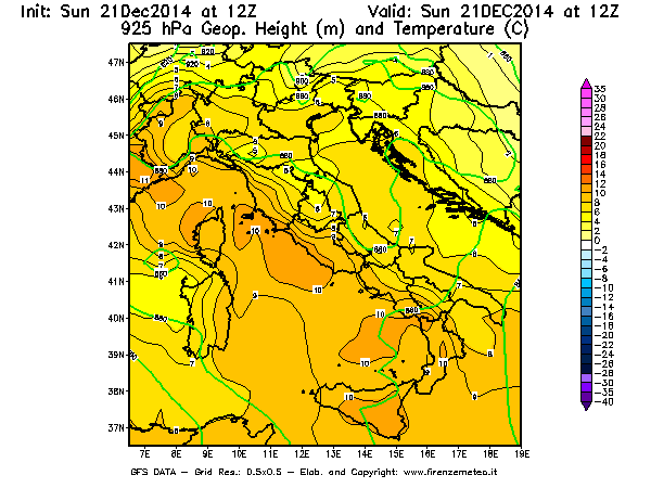 Mappa di analisi GFS - Geopotenziale [m] e Temperatura [°C] a 925 hPa in Italia
									del 21/12/2014 12 <!--googleoff: index-->UTC<!--googleon: index-->