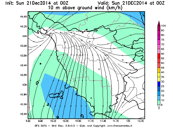 Mappa di analisi GFS - Velocità del vento a 10 metri dal suolo [km/h] in Toscana
							del 21/12/2014 00 <!--googleoff: index-->UTC<!--googleon: index-->