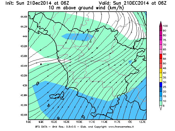 Mappa di analisi GFS - Velocità del vento a 10 metri dal suolo [km/h] in Toscana
							del 21/12/2014 06 <!--googleoff: index-->UTC<!--googleon: index-->