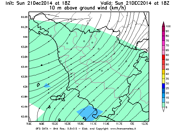 Mappa di analisi GFS - Velocità del vento a 10 metri dal suolo [km/h] in Toscana
									del 21/12/2014 18 <!--googleoff: index-->UTC<!--googleon: index-->