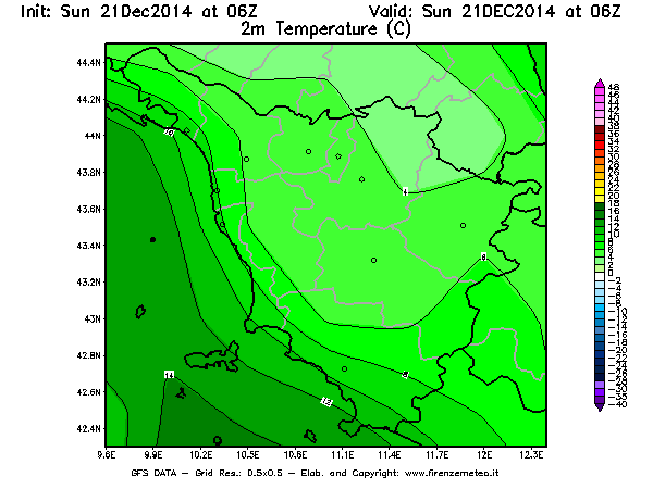 Mappa di analisi GFS - Temperatura a 2 metri dal suolo [°C] in Toscana
							del 21/12/2014 06 <!--googleoff: index-->UTC<!--googleon: index-->