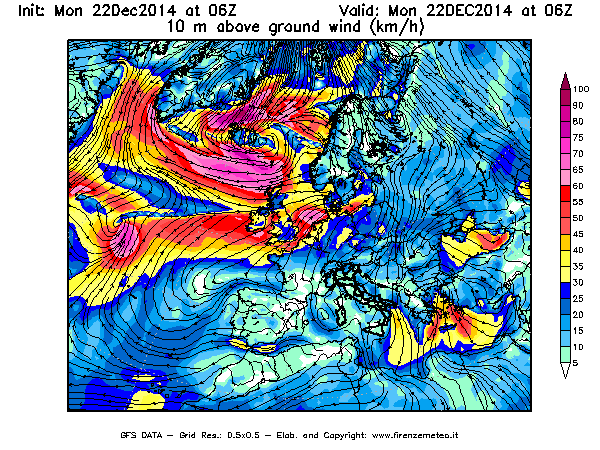 Mappa di analisi GFS - Velocità del vento a 10 metri dal suolo [km/h] in Europa
							del 22/12/2014 06 <!--googleoff: index-->UTC<!--googleon: index-->