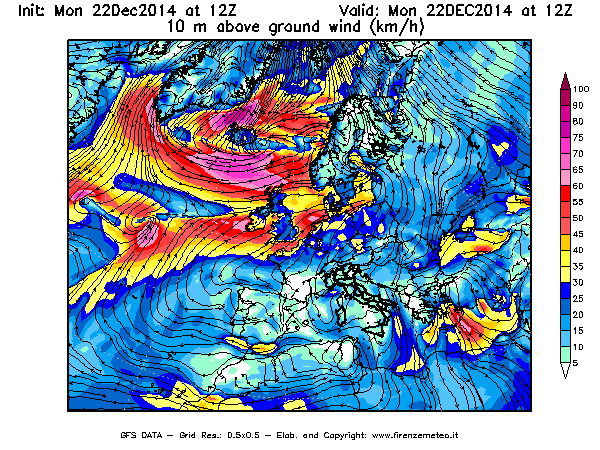 Mappa di analisi GFS - Velocità del vento a 10 metri dal suolo [km/h] in Europa
							del 22/12/2014 12 <!--googleoff: index-->UTC<!--googleon: index-->