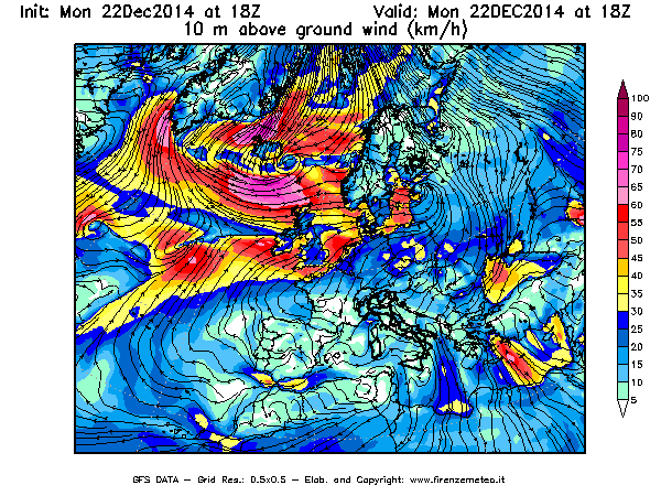 Mappa di analisi GFS - Velocità del vento a 10 metri dal suolo [km/h] in Europa
									del 22/12/2014 18 <!--googleoff: index-->UTC<!--googleon: index-->