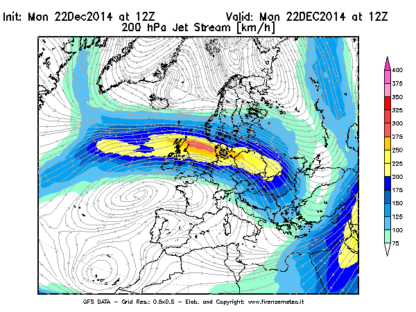 Mappa di analisi GFS - Jet Stream a 200 hPa in Europa
									del 22/12/2014 12 <!--googleoff: index-->UTC<!--googleon: index-->