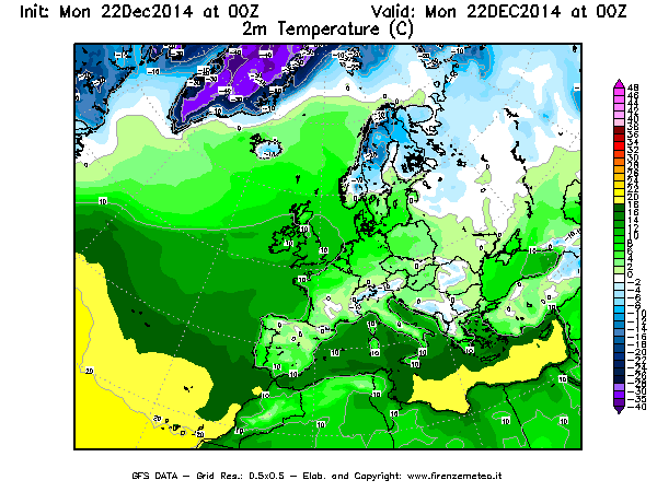 Mappa di analisi GFS - Temperatura a 2 metri dal suolo [°C] in Europa
							del 22/12/2014 00 <!--googleoff: index-->UTC<!--googleon: index-->