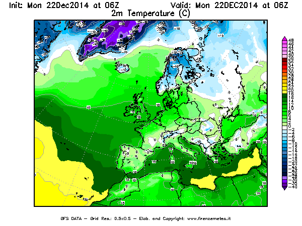 Mappa di analisi GFS - Temperatura a 2 metri dal suolo [°C] in Europa
							del 22/12/2014 06 <!--googleoff: index-->UTC<!--googleon: index-->