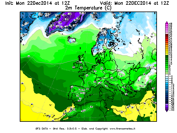 Mappa di analisi GFS - Temperatura a 2 metri dal suolo [°C] in Europa
									del 22/12/2014 12 <!--googleoff: index-->UTC<!--googleon: index-->
