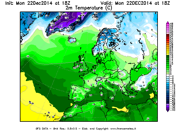 Mappa di analisi GFS - Temperatura a 2 metri dal suolo [°C] in Europa
									del 22/12/2014 18 <!--googleoff: index-->UTC<!--googleon: index-->