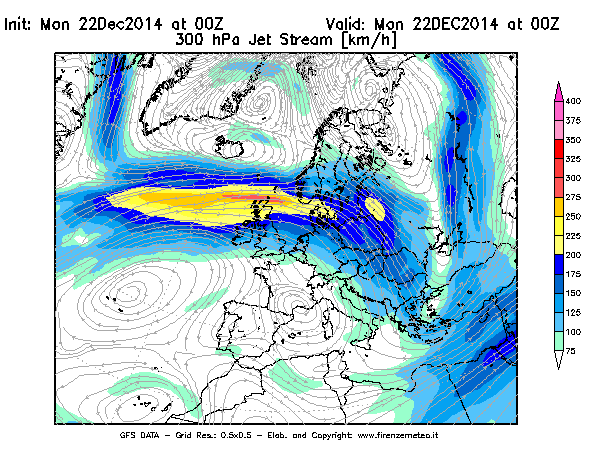 Mappa di analisi GFS - Jet Stream a 300 hPa in Europa
							del 22/12/2014 00 <!--googleoff: index-->UTC<!--googleon: index-->