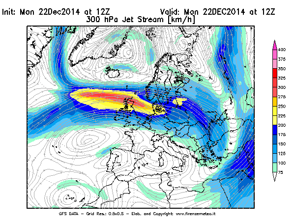 Mappa di analisi GFS - Jet Stream a 300 hPa in Europa
							del 22/12/2014 12 <!--googleoff: index-->UTC<!--googleon: index-->