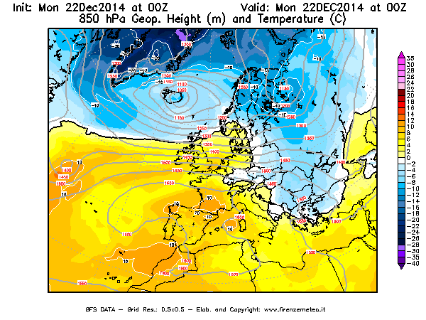 Mappa di analisi GFS - Geopotenziale [m] e Temperatura [°C] a 850 hPa in Europa
									del 22/12/2014 00 <!--googleoff: index-->UTC<!--googleon: index-->