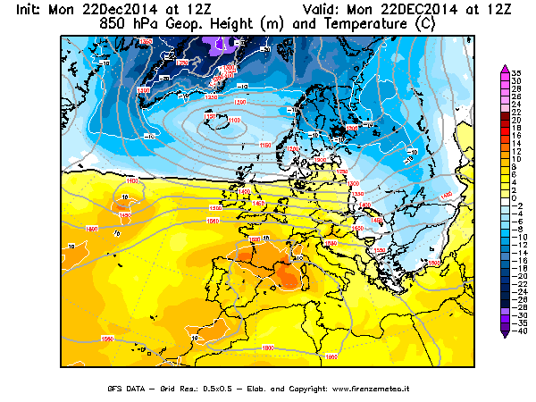 Mappa di analisi GFS - Geopotenziale [m] e Temperatura [°C] a 850 hPa in Europa
									del 22/12/2014 12 <!--googleoff: index-->UTC<!--googleon: index-->