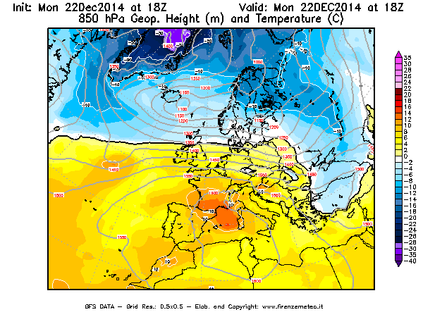 Mappa di analisi GFS - Geopotenziale [m] e Temperatura [°C] a 850 hPa in Europa
									del 22/12/2014 18 <!--googleoff: index-->UTC<!--googleon: index-->