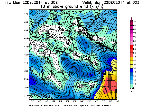 Mappa di analisi GFS - Velocità del vento a 10 metri dal suolo [km/h] in Italia
							del 22/12/2014 00 <!--googleoff: index-->UTC<!--googleon: index-->