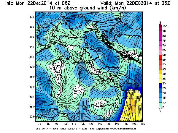 Mappa di analisi GFS - Velocità del vento a 10 metri dal suolo [km/h] in Italia
							del 22/12/2014 06 <!--googleoff: index-->UTC<!--googleon: index-->