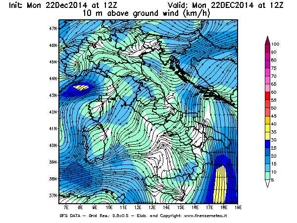 Mappa di analisi GFS - Velocità del vento a 10 metri dal suolo [km/h] in Italia
									del 22/12/2014 12 <!--googleoff: index-->UTC<!--googleon: index-->