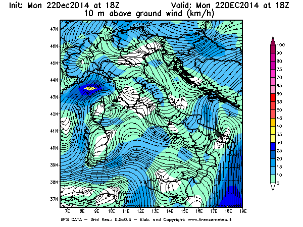Mappa di analisi GFS - Velocità del vento a 10 metri dal suolo [km/h] in Italia
							del 22/12/2014 18 <!--googleoff: index-->UTC<!--googleon: index-->