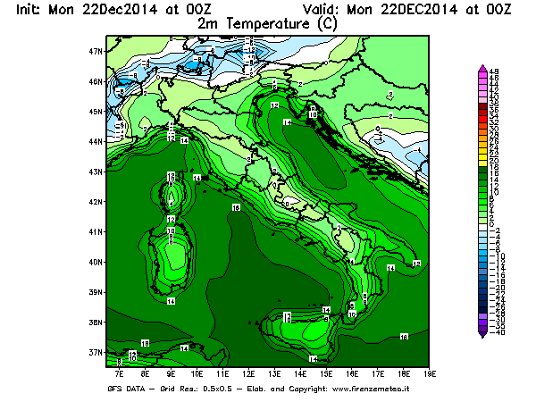 Mappa di analisi GFS - Temperatura a 2 metri dal suolo [°C] in Italia
									del 22/12/2014 00 <!--googleoff: index-->UTC<!--googleon: index-->